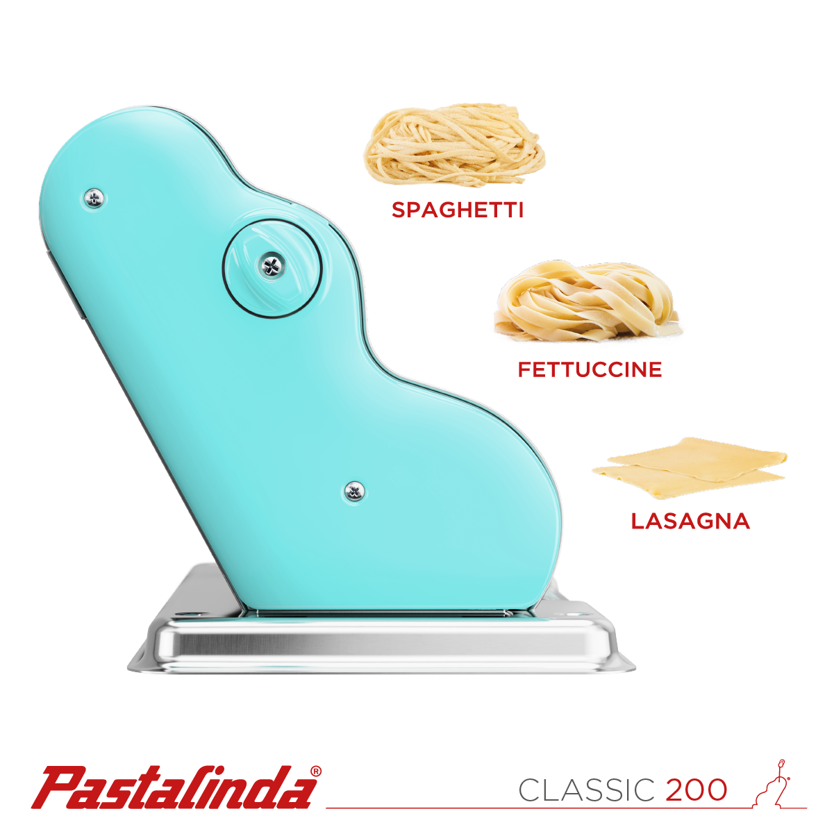 Pastalinda Classic 200 Light Blue Pasta Maker Machine With Hand Crank And Two Clamps - PASTALINDA USA