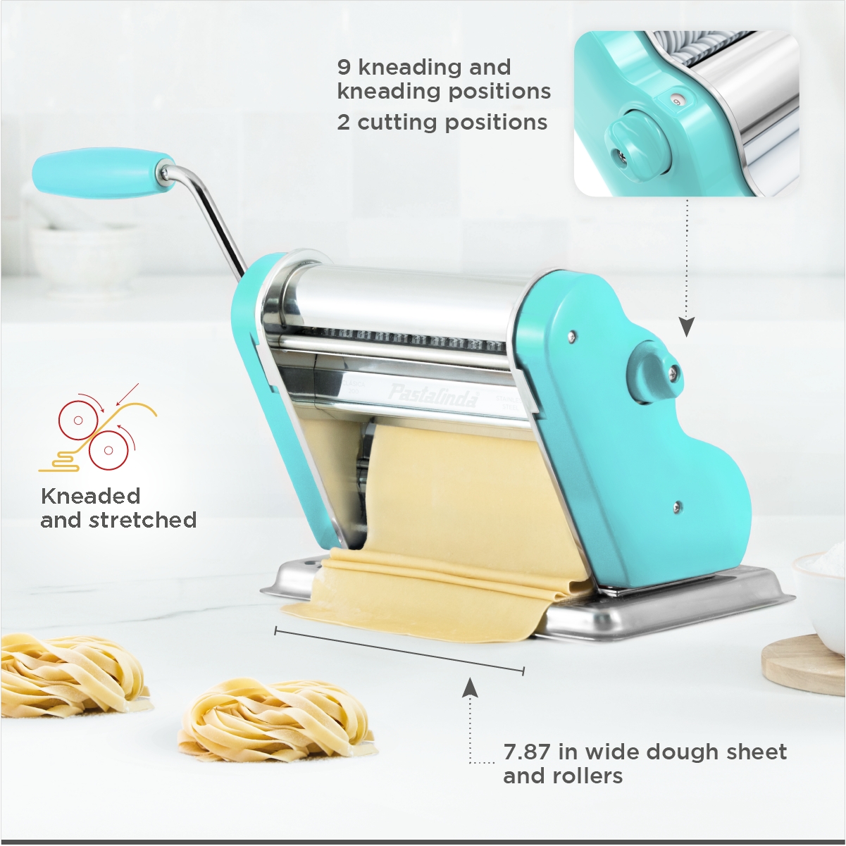 Pastalinda Classic 200 Light Blue Pasta Maker Machine With Hand Crank And Two Clamps - PASTALINDA USA