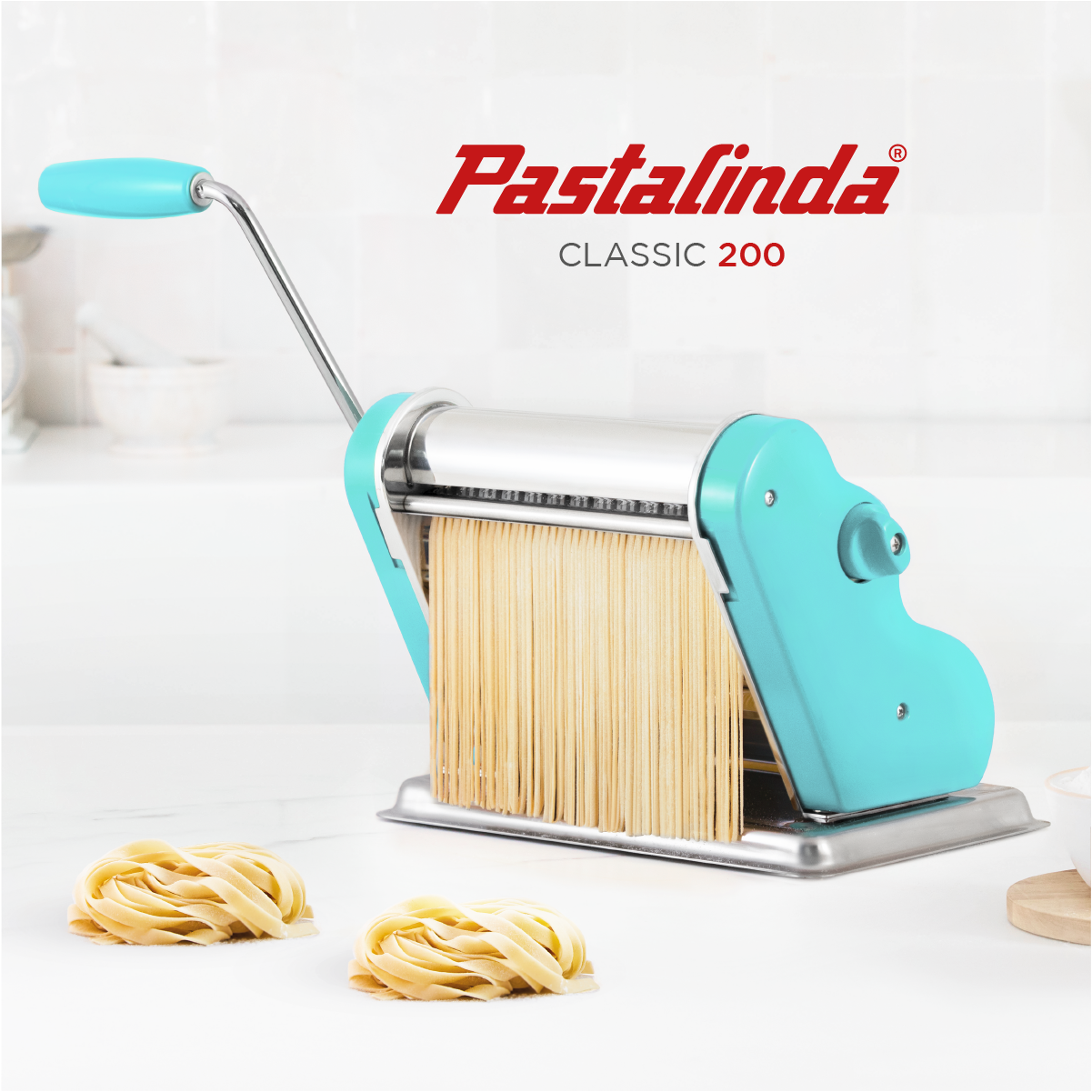 Pastalinda Classic 200 Light Blue Pasta Maker Machine With Hand Crank And Two Clamps - PASTALINDA USA