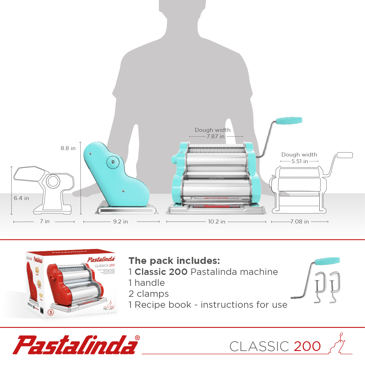 Pastalinda Classic 200 Light Blue Pasta Maker Machine With Hand Crank And Two Clamps - PASTALINDA USA