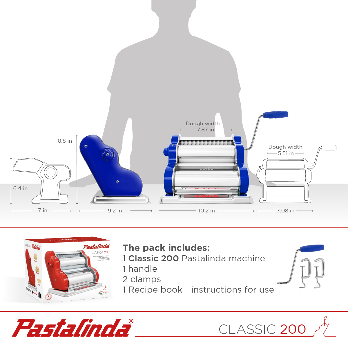 Pastalinda Classic 200 Blue Pasta Maker Machine With Hand Crank And Two Clamps - Pastalinda