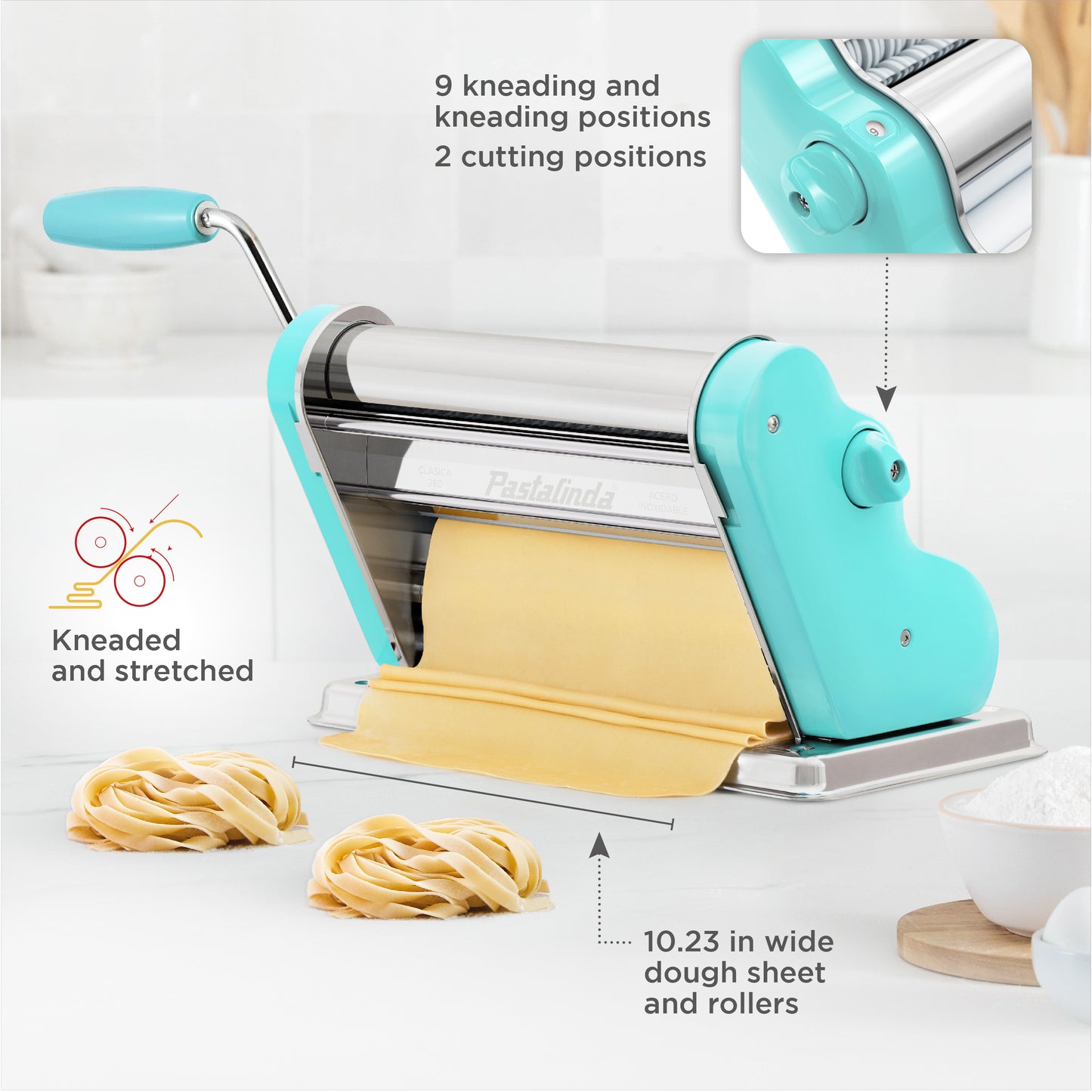 Pastalinda Classic 260 Light Blue Pasta Maker Machine With Hand Crank And Two Clamps - Pastalinda