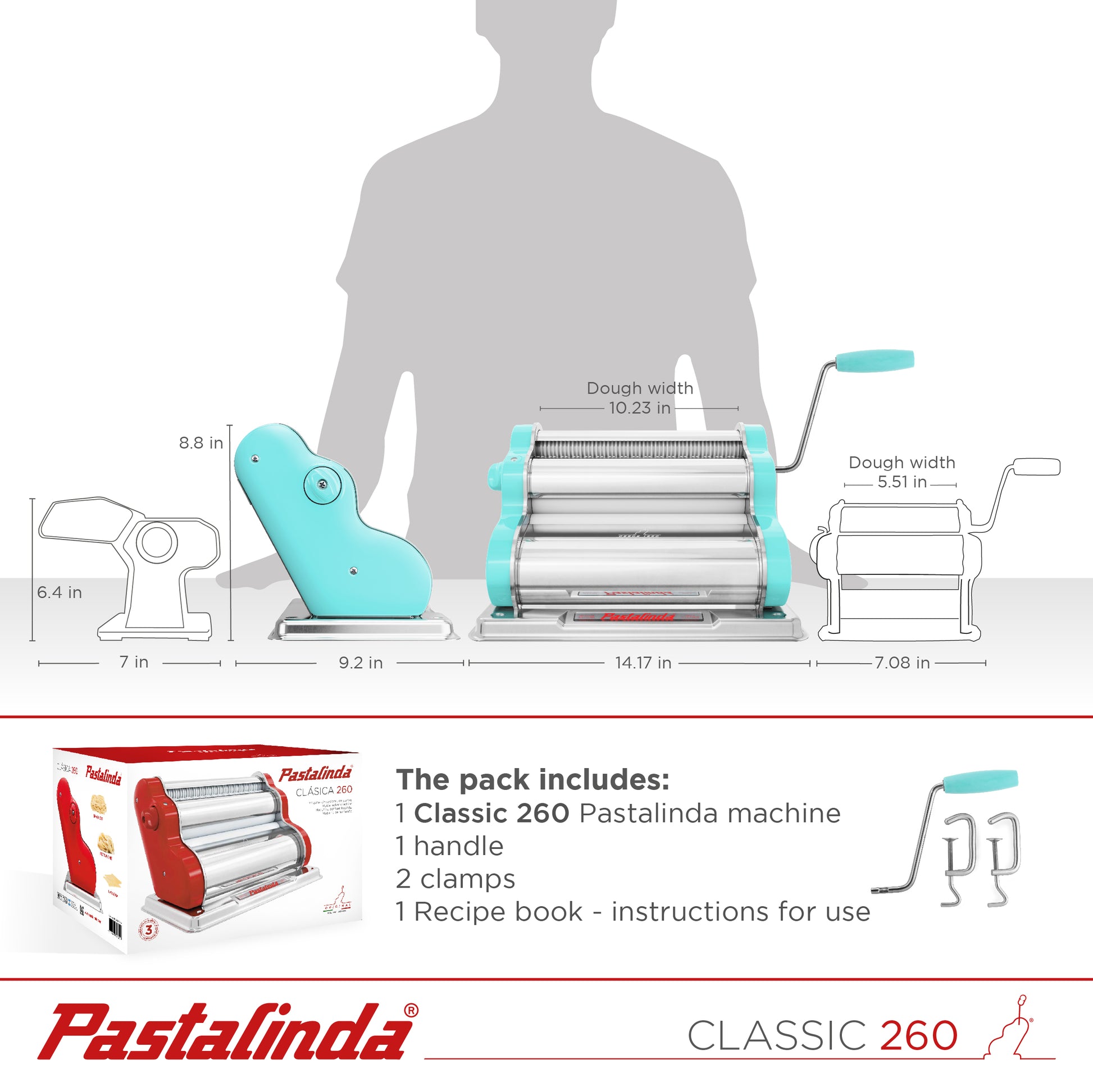Pastalinda Classic 260 Light Blue Pasta Maker Machine With Hand Crank And Two Clamps - Pastalinda