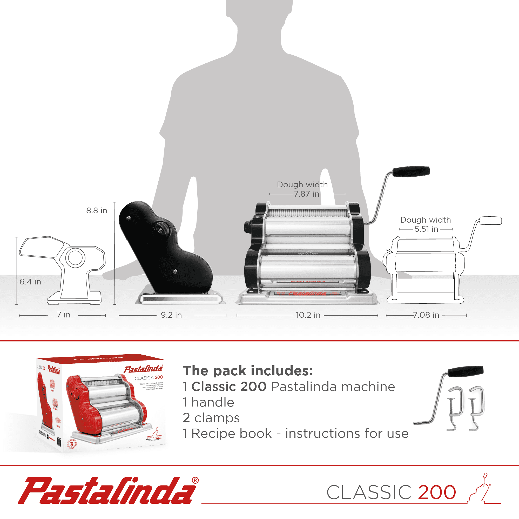 Pastalinda Classic 200 Black Pasta Maker Machine With Hand Crank And Two Clamps - Pastalinda