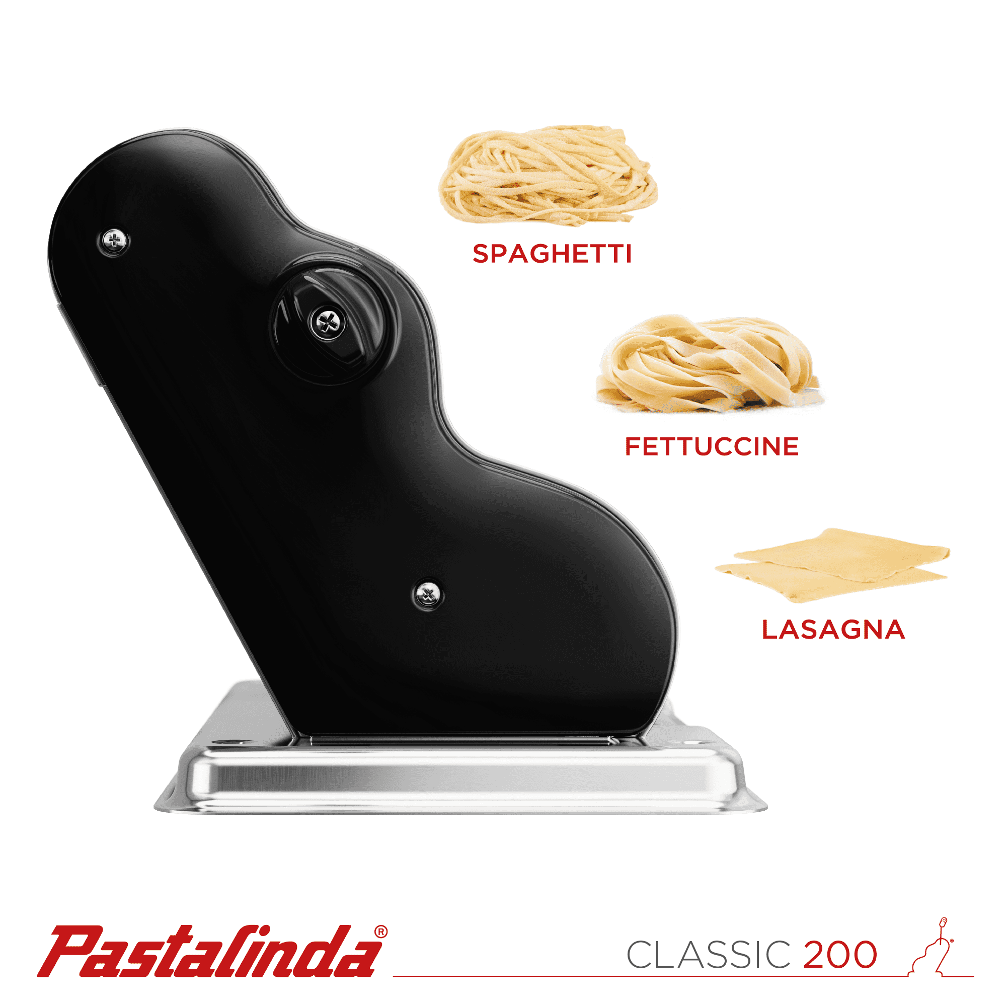 Pastalinda Classic 200 Black Pasta Maker Machine With Hand Crank And Two Clamps - Pastalinda