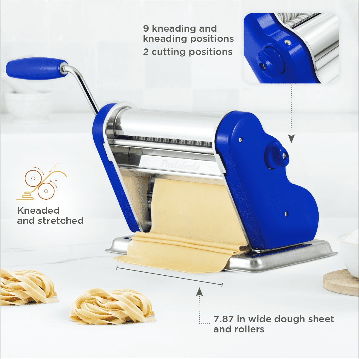 Pastalinda Classic 200 Blue Pasta Maker Machine With Hand Crank And Two Clamps - Pastalinda