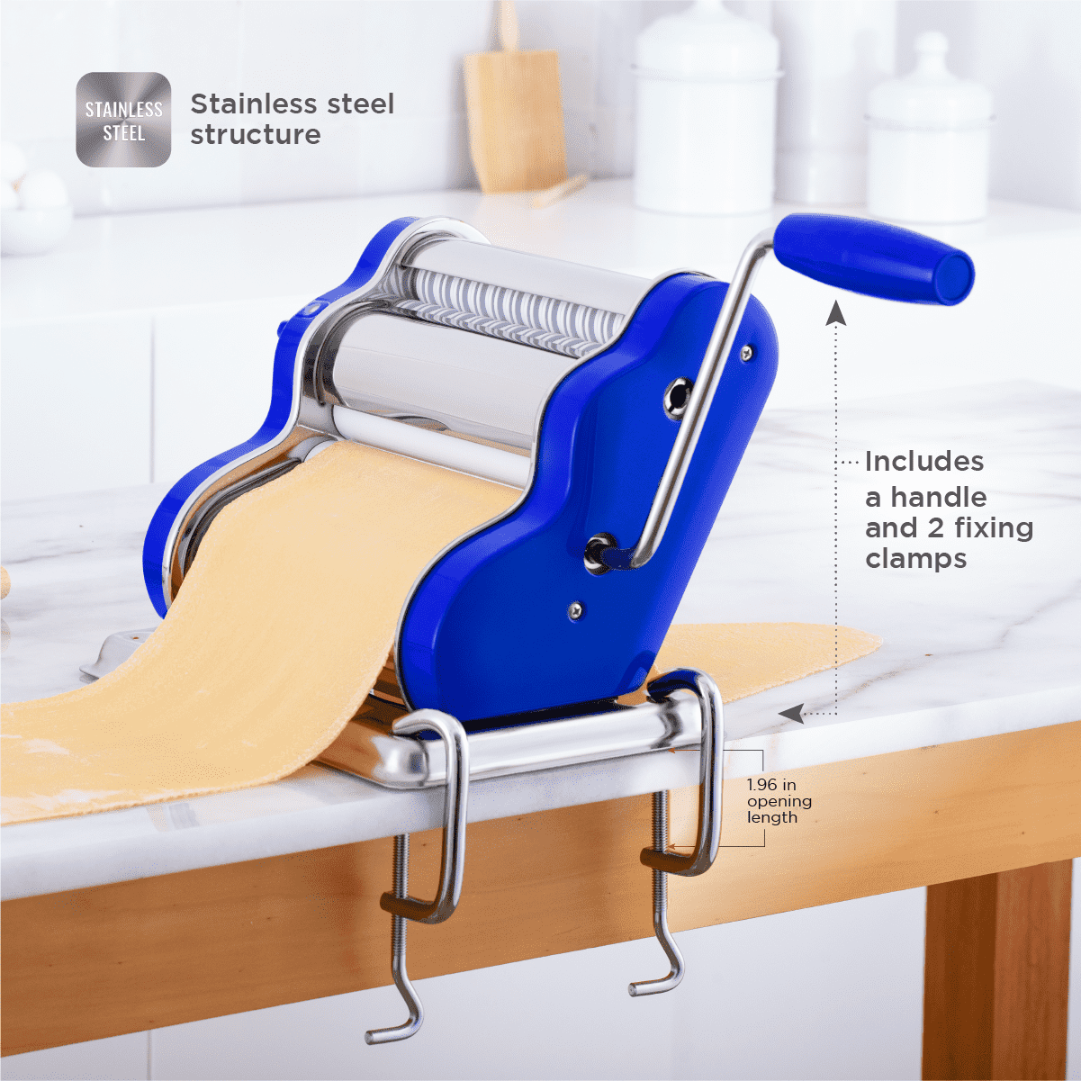 Pastalinda Classic 200 Blue Pasta Maker Machine With Hand Crank And Two Clamps - Pastalinda