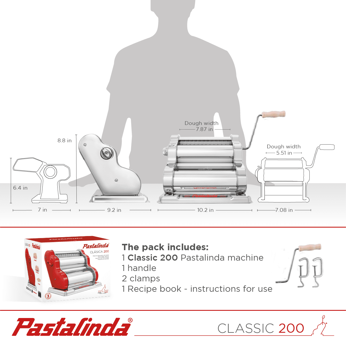 Pastalinda Classic 200 Chrome Pasta Maker Machine With Hand Crank And Two Clamps - Pastalinda