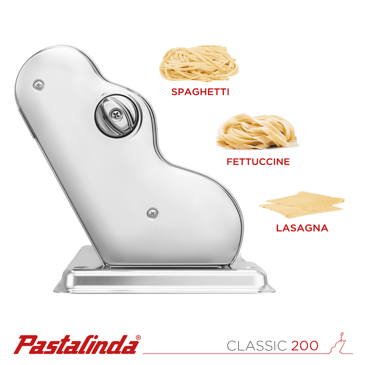 Pastalinda Classic 200 Chrome Pasta Maker Machine With Hand Crank And Two Clamps - Pastalinda