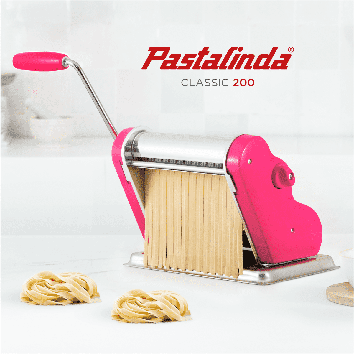 Pastalinda Classic 200 Fuchsia Pasta Maker Machine With Hand Crank And Two Clamps - Pastalinda