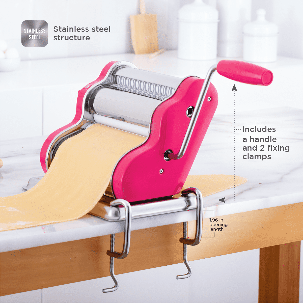 Pastalinda Classic 200 Fuchsia Pasta Maker Machine With Hand Crank And Two Clamps - Pastalinda