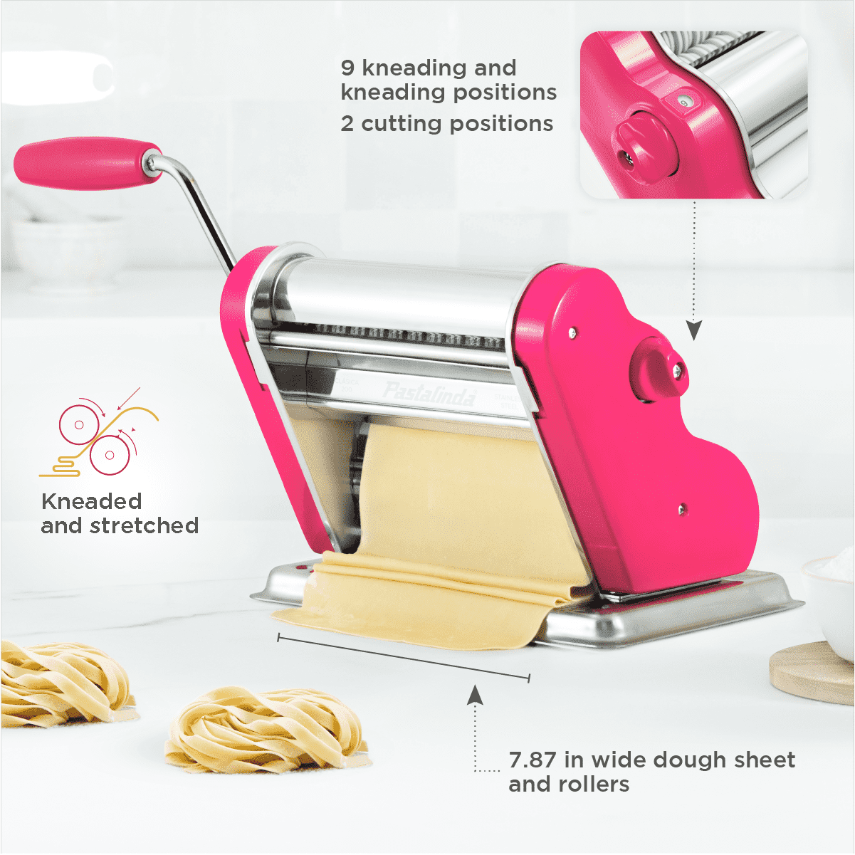 Pastalinda Classic 200 Fuchsia Pasta Maker Machine With Hand Crank And Two Clamps - Pastalinda