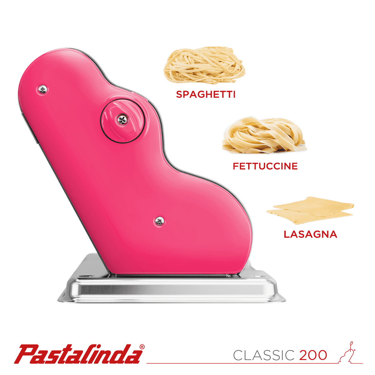 Pastalinda Classic 200 Fuchsia Pasta Maker Machine With Hand Crank And Two Clamps - Pastalinda
