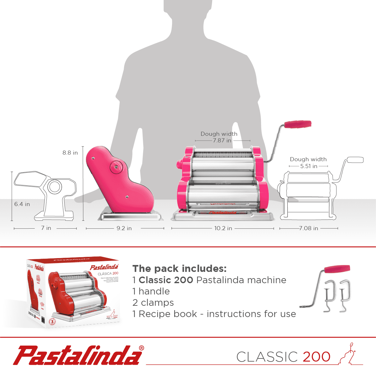 Pastalinda Classic 200 Fuchsia Pasta Maker Machine With Hand Crank And Two Clamps - Pastalinda