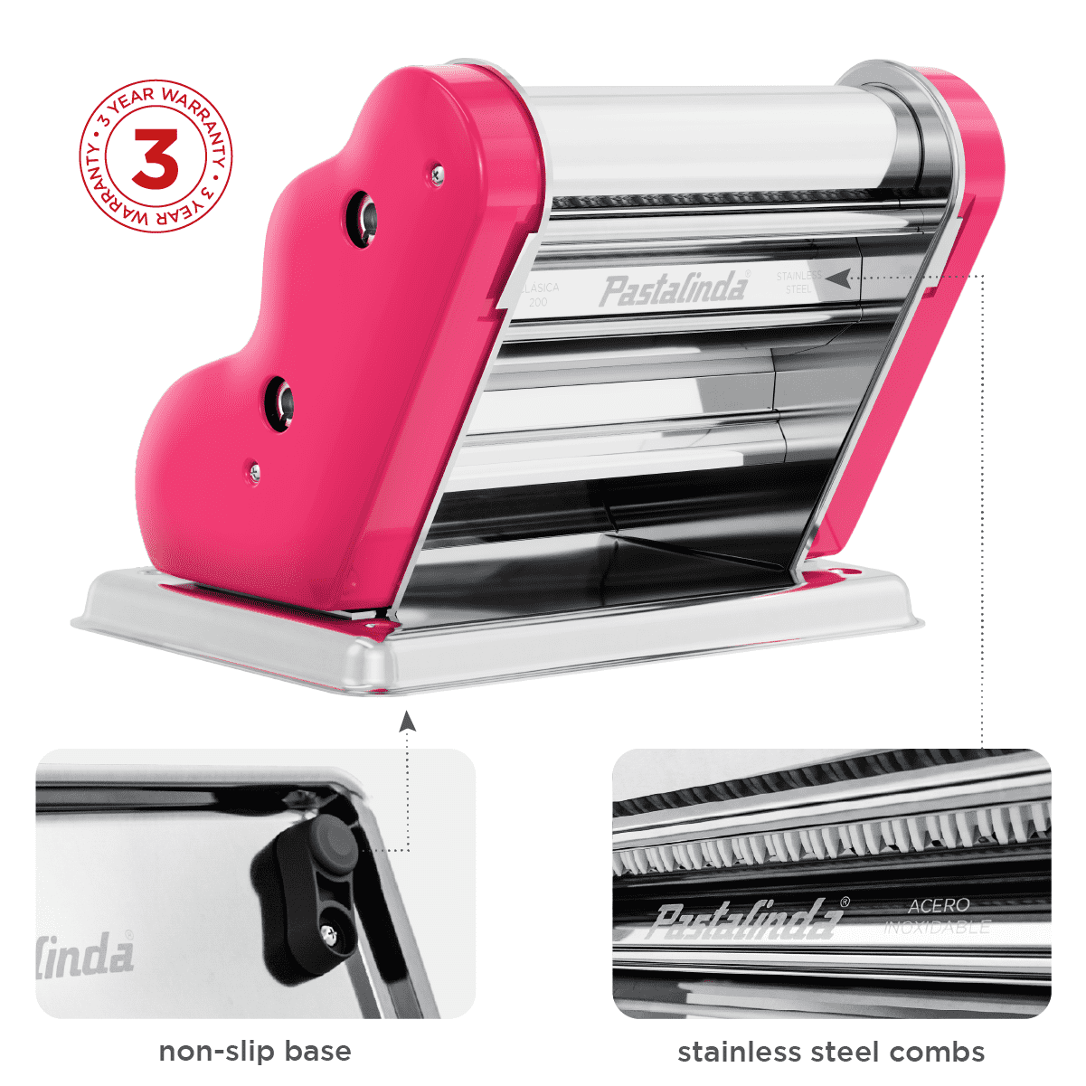 Pastalinda Classic 200 Fuchsia Pasta Maker Machine With Hand Crank And Two Clamps - Pastalinda