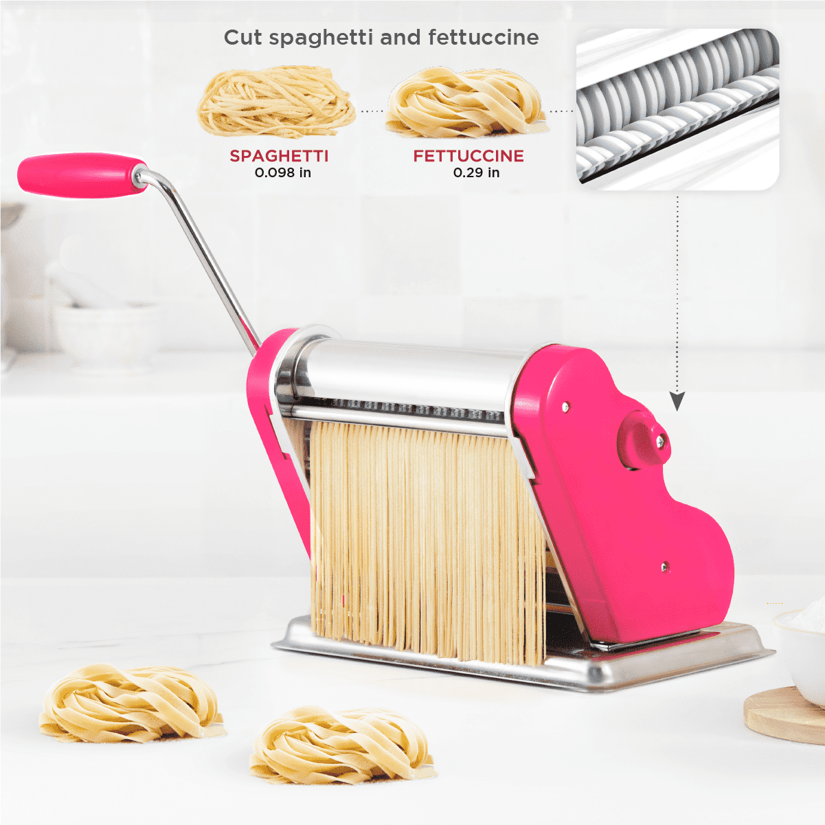 Pastalinda Classic 200 Fuchsia Pasta Maker Machine With Hand Crank And Two Clamps - Pastalinda