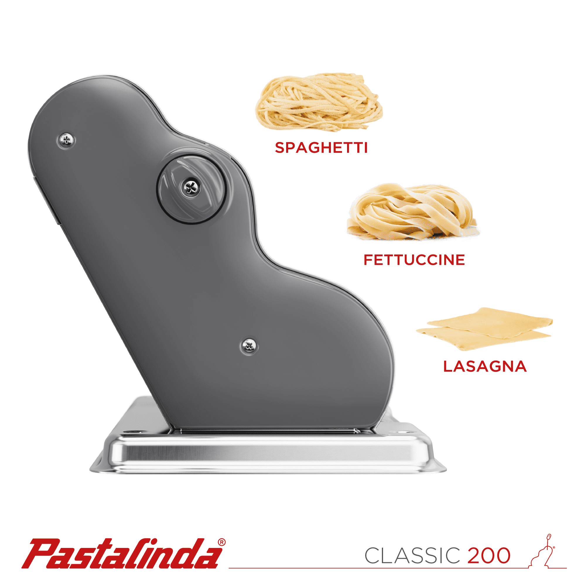 Pastalinda Classic 200 Gray Pasta Maker Machine With Hand Crank And Two Clamps - Pastalinda