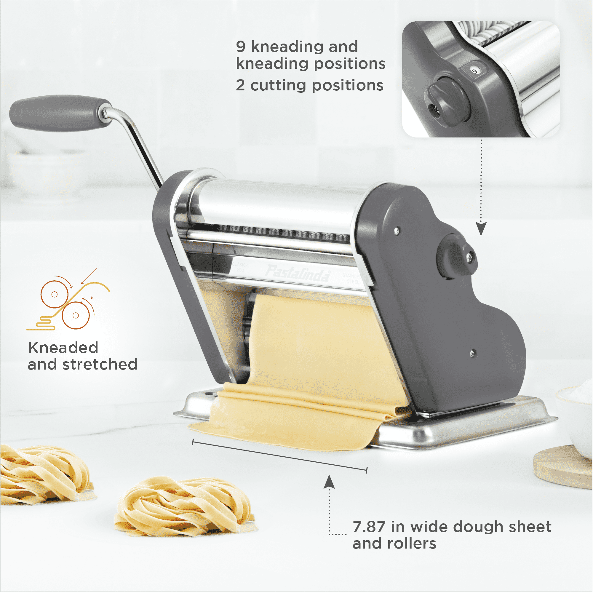 Pastalinda Classic 200 Gray Pasta Maker Machine With Hand Crank And Two Clamps - Pastalinda