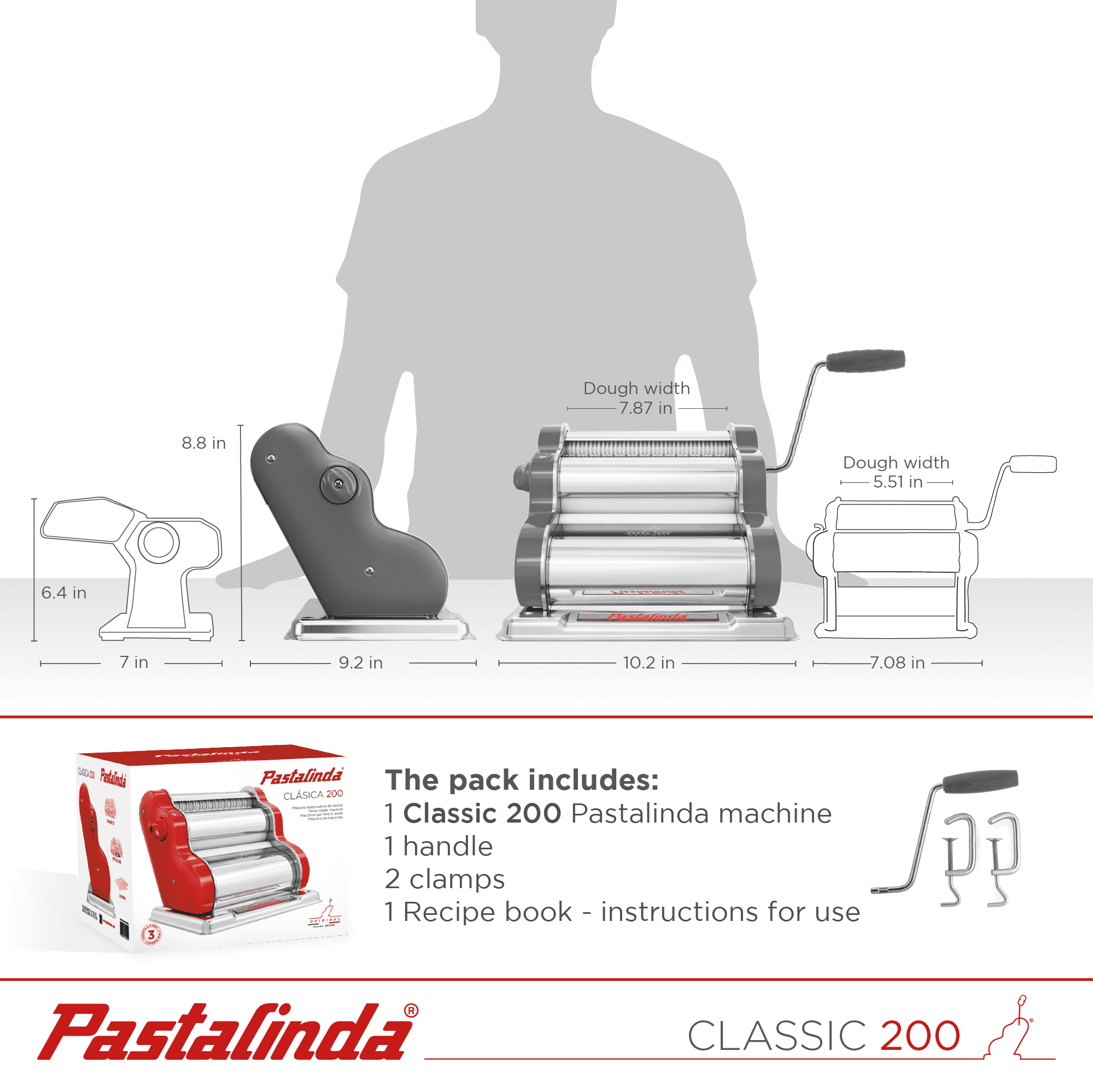 Pastalinda Classic 200 Gray Pasta Maker Machine With Hand Crank And Two Clamps - Pastalinda