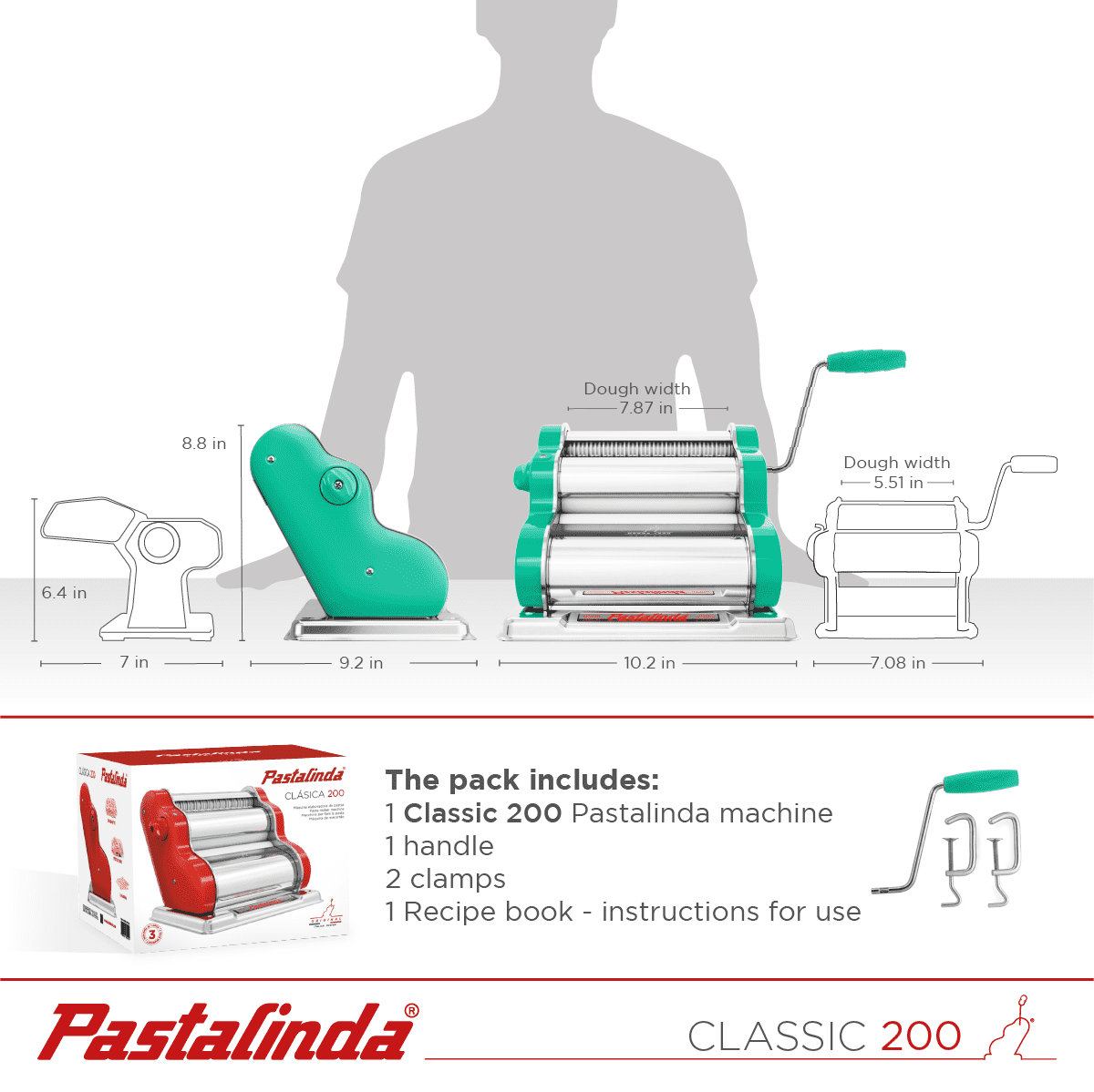 Pastalinda Classic 200 Green Pasta Maker Machine With Hand Crank And Two Clamps - Pastalinda