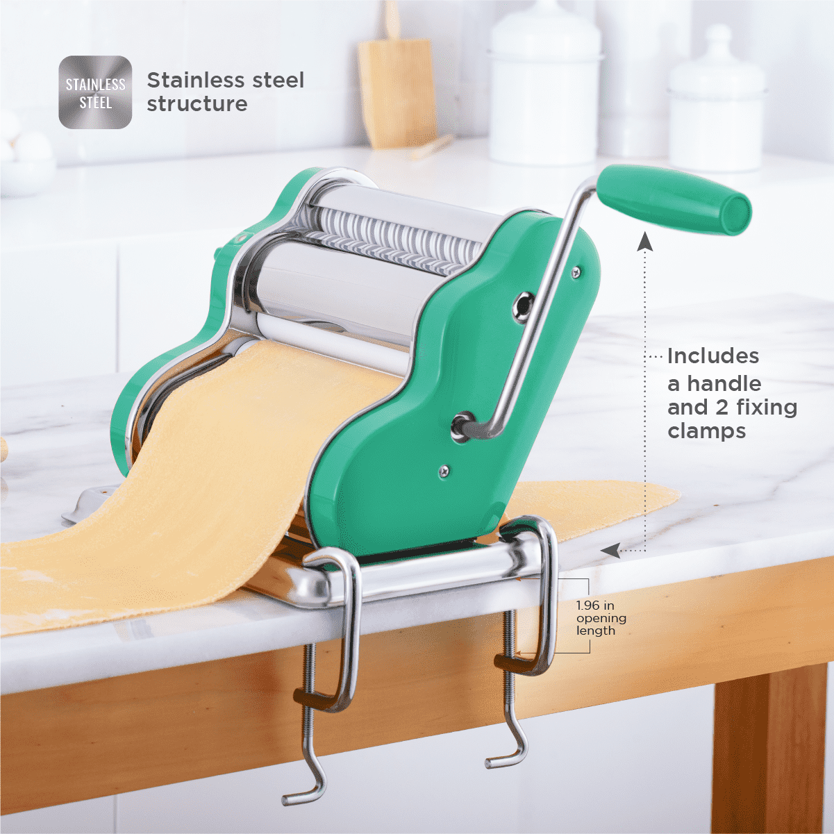 Pastalinda Classic 200 Green Pasta Maker Machine With Hand Crank And Two Clamps - Pastalinda