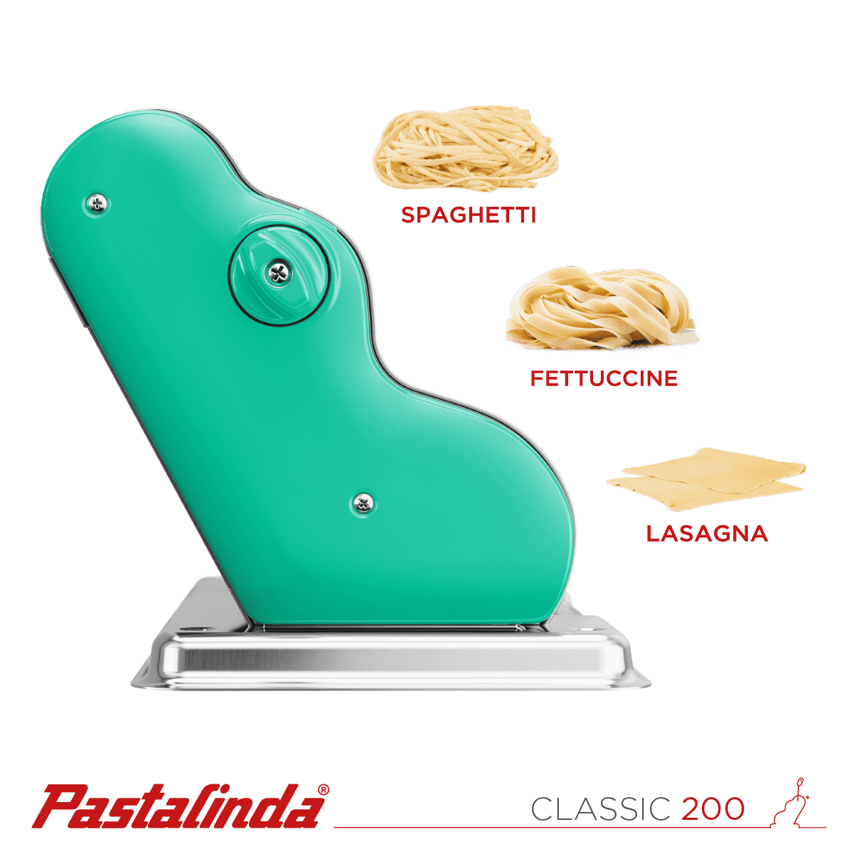 Pastalinda Classic 200 Green Pasta Maker Machine With Hand Crank And Two Clamps - Pastalinda