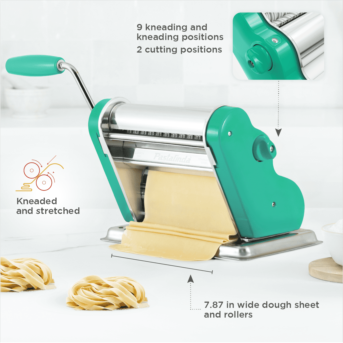 Pastalinda Classic 200 Green Pasta Maker Machine With Hand Crank And Two Clamps - Pastalinda