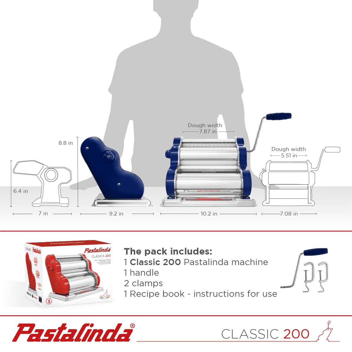 Pastalinda Classic 200 Navy Blue Pasta Maker Machine With Hand Crank And Two Clamps - Pastalinda