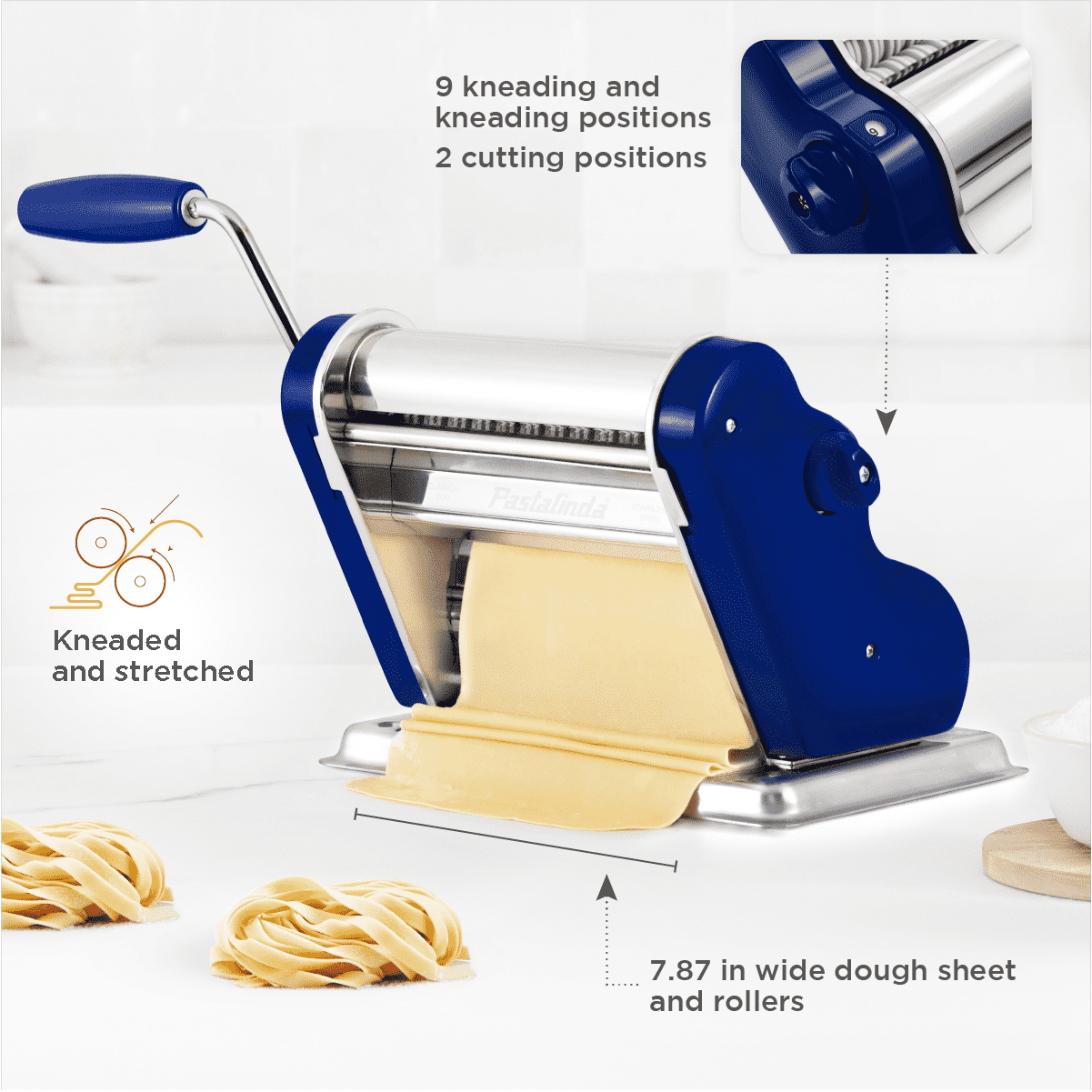 Pastalinda Classic 200 Navy Blue Pasta Maker Machine With Hand Crank And Two Clamps - Pastalinda