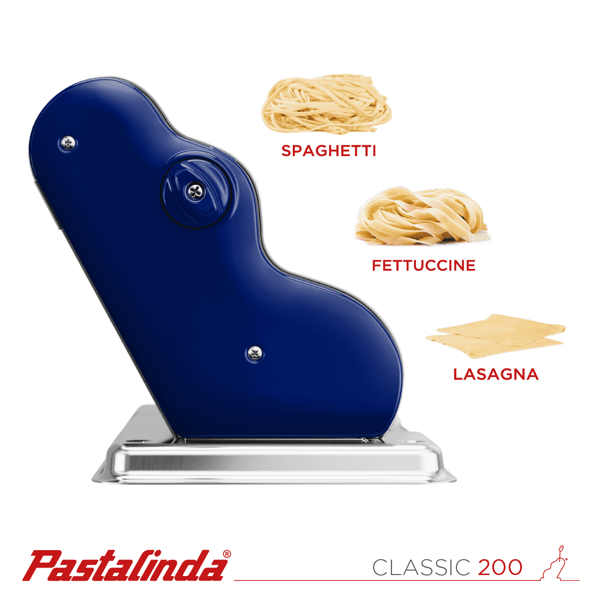 Pastalinda Classic 200 Navy Blue Pasta Maker Machine With Hand Crank And Two Clamps - Pastalinda