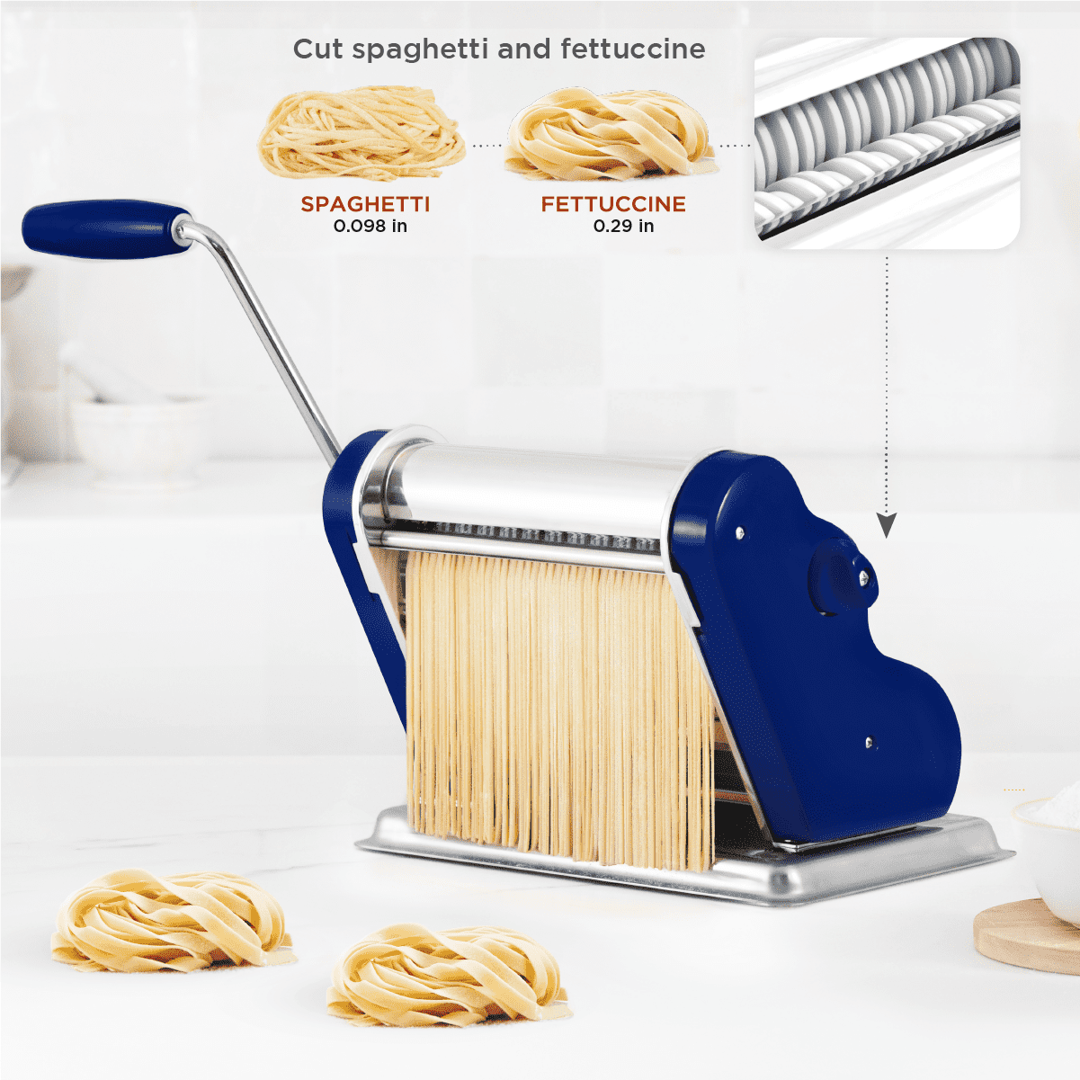 Pastalinda Classic 200 Navy Blue Pasta Maker Machine With Hand Crank And Two Clamps - Pastalinda