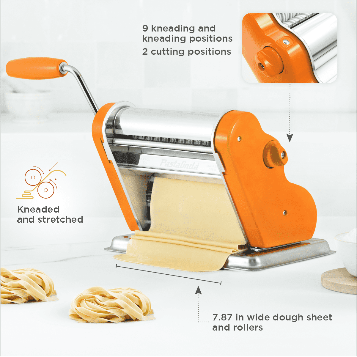 Pastalinda Classic 200 Orange Pasta Maker Machine With Hand Crank And Two Clamps - Pastalinda