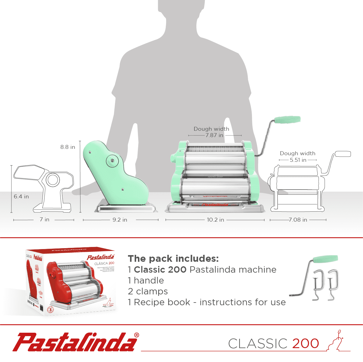 Pastalinda Classic 200 Pastel Green Pasta Maker Machine With Hand Crank And Two Clamps - Pastalinda