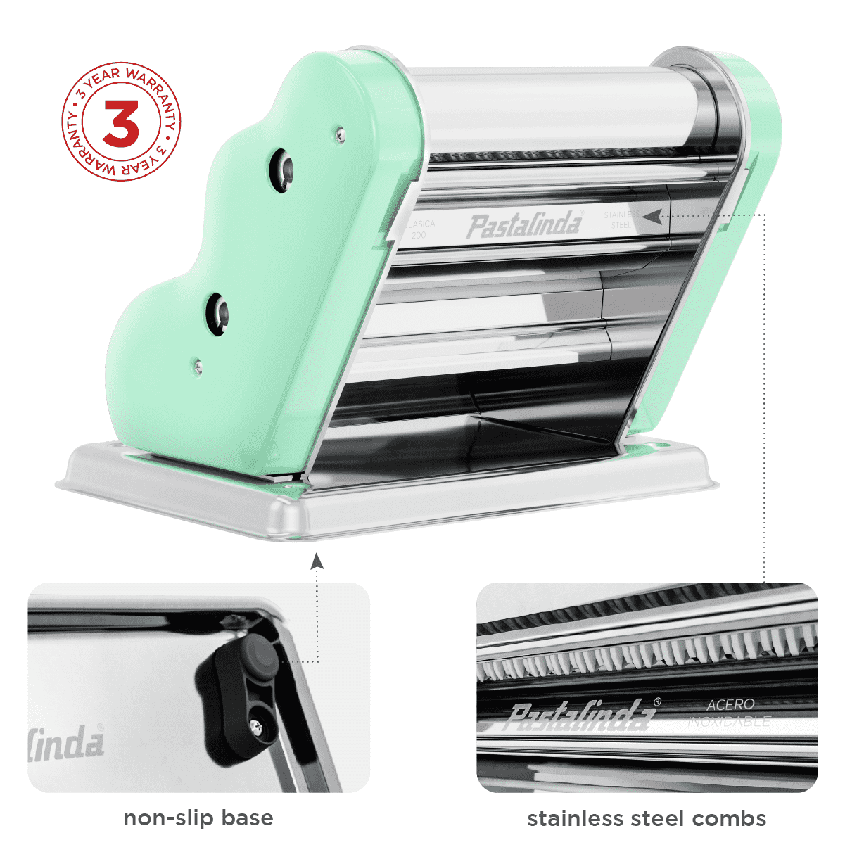 Pastalinda Classic 200 Pastel Green Pasta Maker Machine With Hand Crank And Two Clamps - Pastalinda