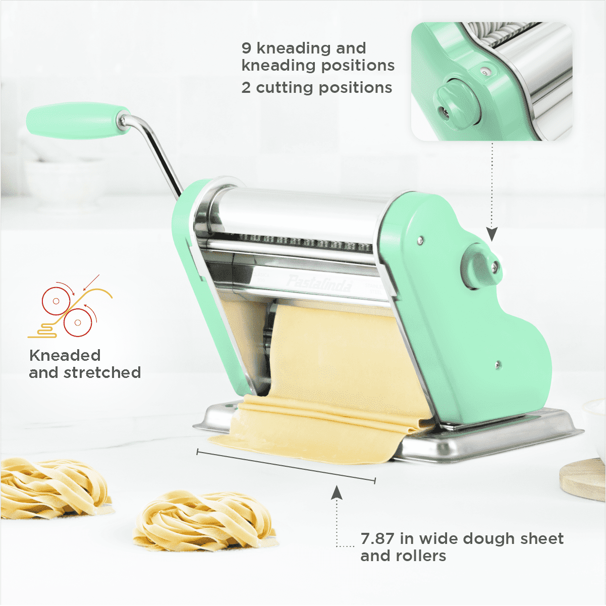 Pastalinda Classic 200 Pastel Green Pasta Maker Machine With Hand Crank And Two Clamps - Pastalinda