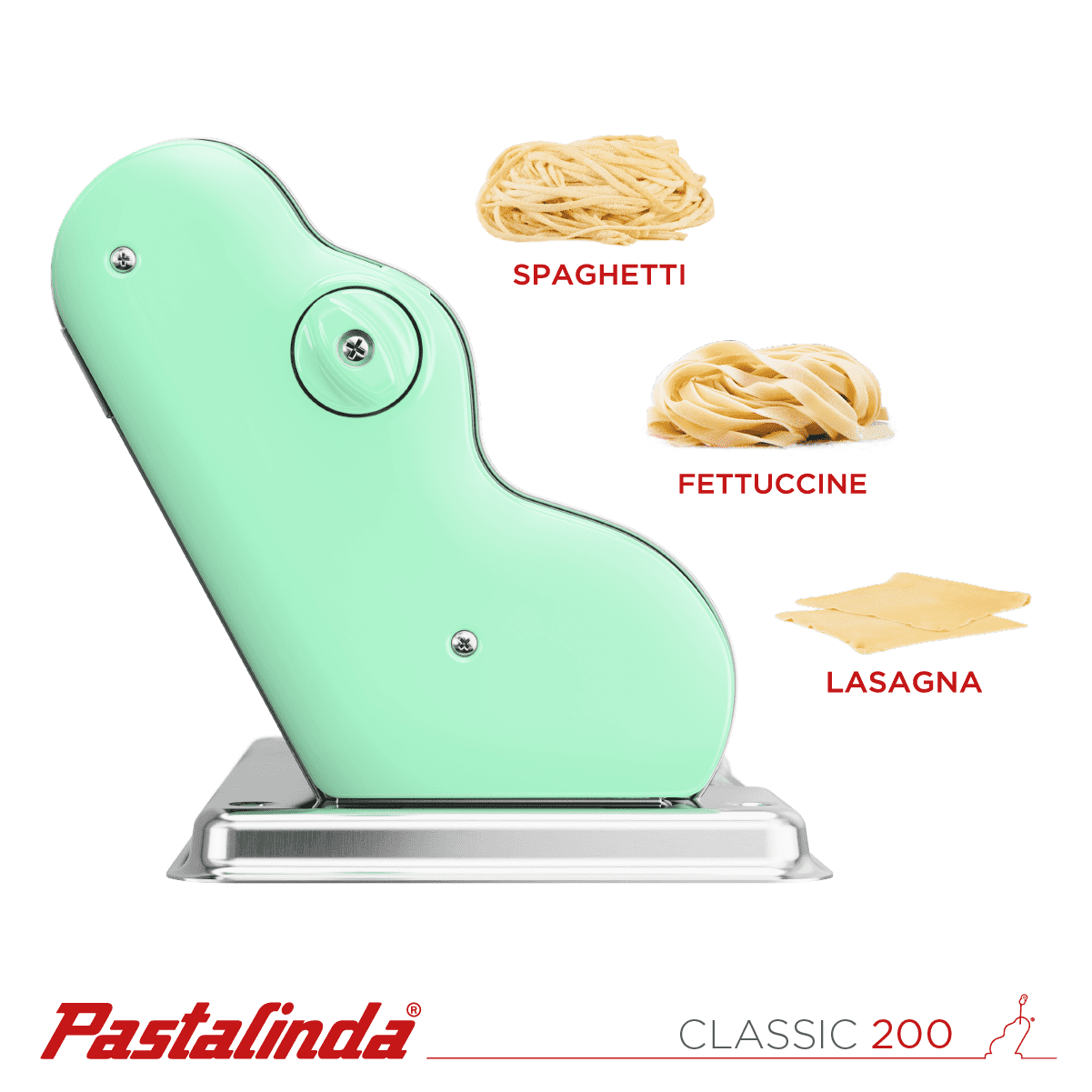 Pastalinda Classic 200 Pastel Green Pasta Maker Machine With Hand Crank And Two Clamps - Pastalinda