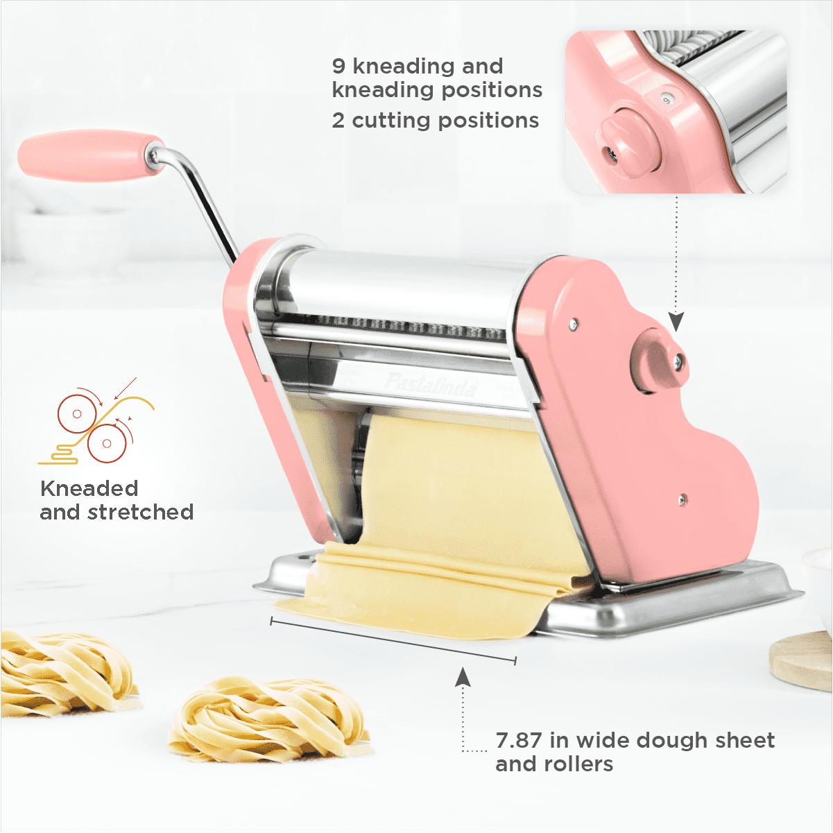 Pastalinda Classic 200 Pink Pasta Maker Machine With Hand Crank And Two Clamps - Pastalinda