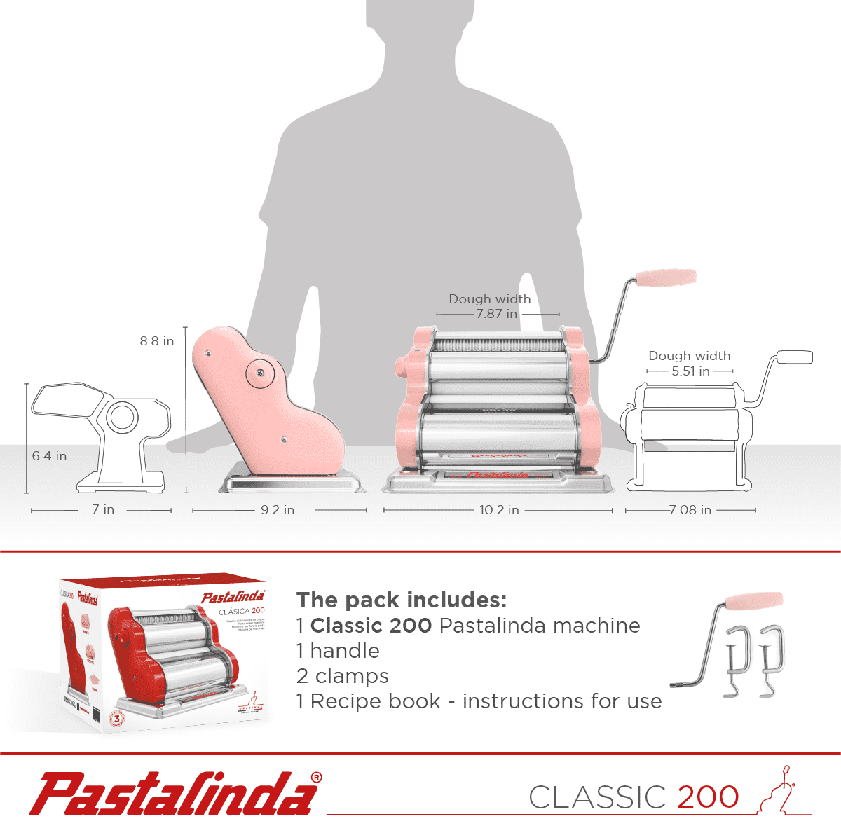 Pastalinda Classic 200 Pink Pasta Maker Machine With Hand Crank And Two Clamps - Pastalinda