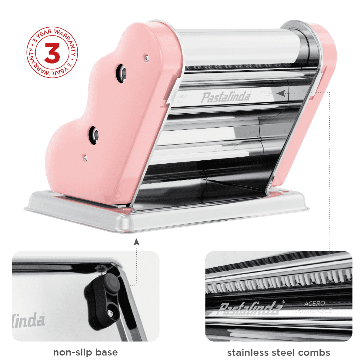 Pastalinda Classic 200 Pink Pasta Maker Machine With Hand Crank And Two Clamps - Pastalinda