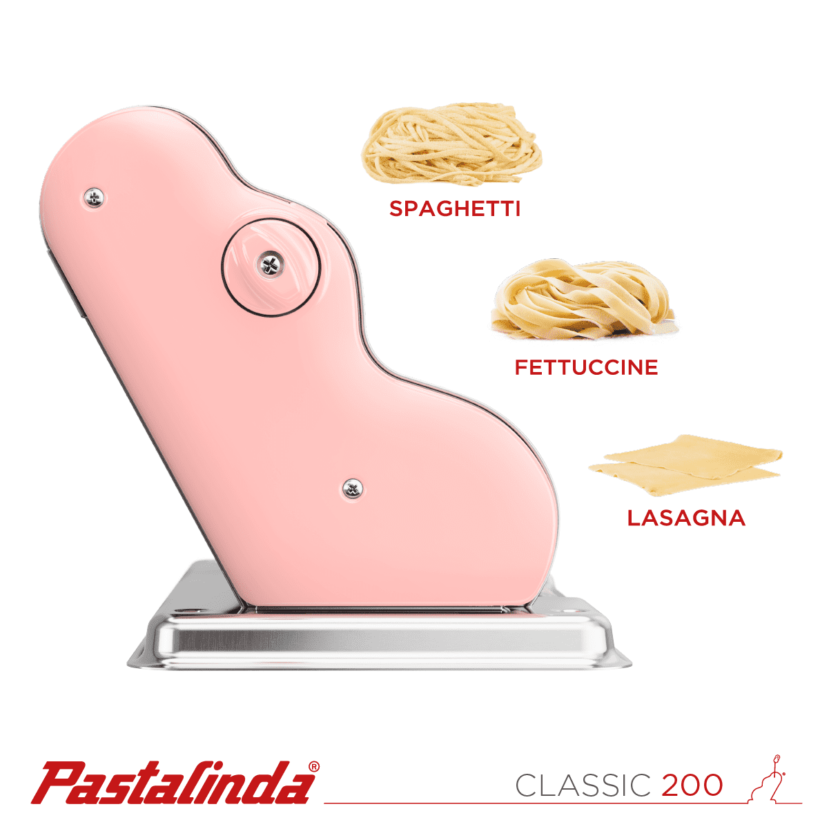 Pastalinda Classic 200 Pink Pasta Maker Machine With Hand Crank And Two Clamps - Pastalinda