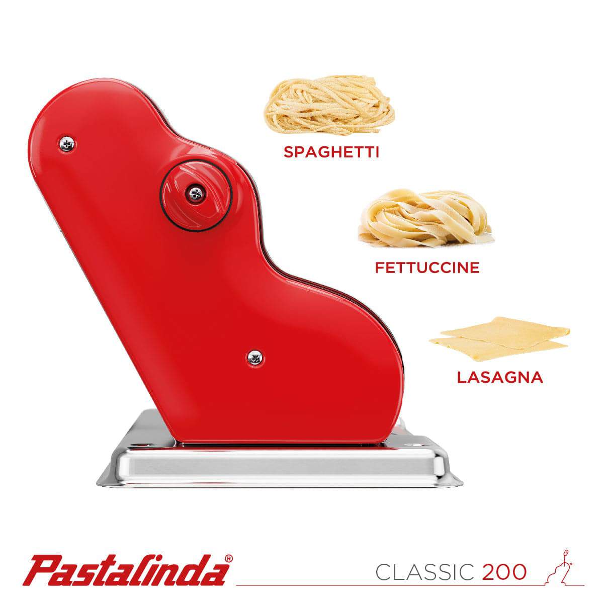 Pastalinda Classic 200 Red Pasta Maker Machine With Hand Crank And Two Clamps - Pastalinda