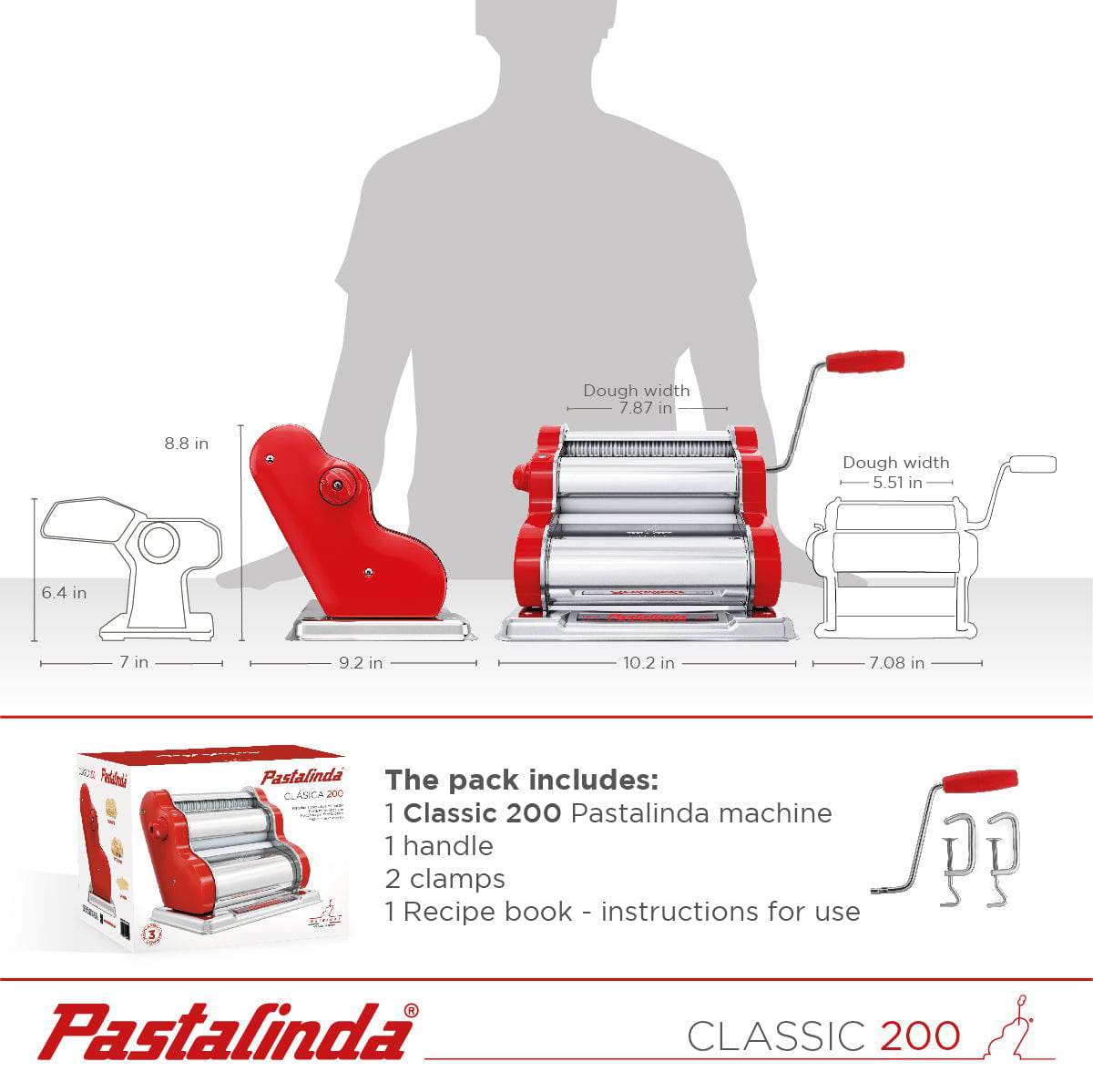 Pastalinda Classic 200 Red Pasta Maker Machine With Hand Crank And Two Clamps - Pastalinda