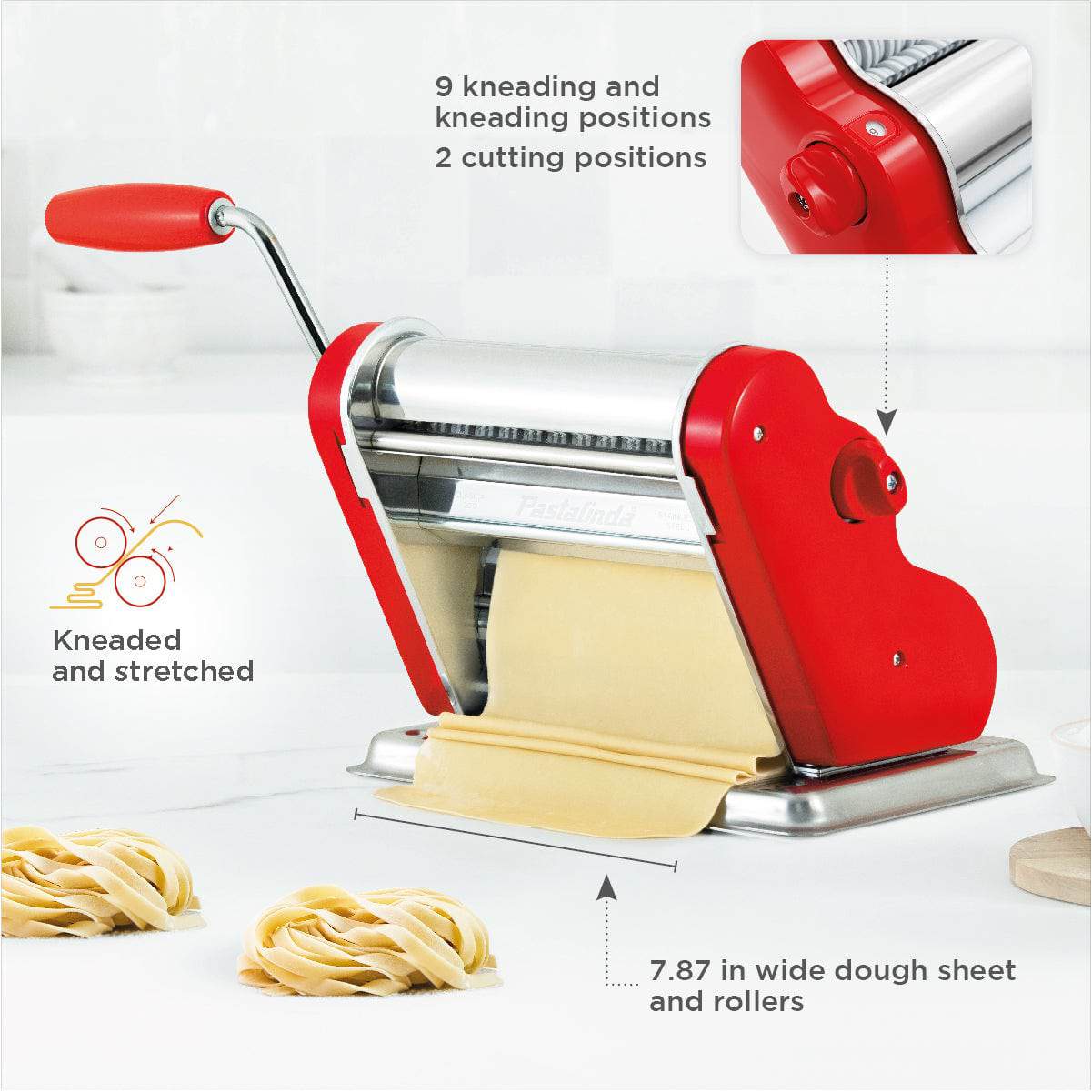 Pastalinda Classic 200 Red Pasta Maker Machine With Hand Crank And Two Clamps - Pastalinda