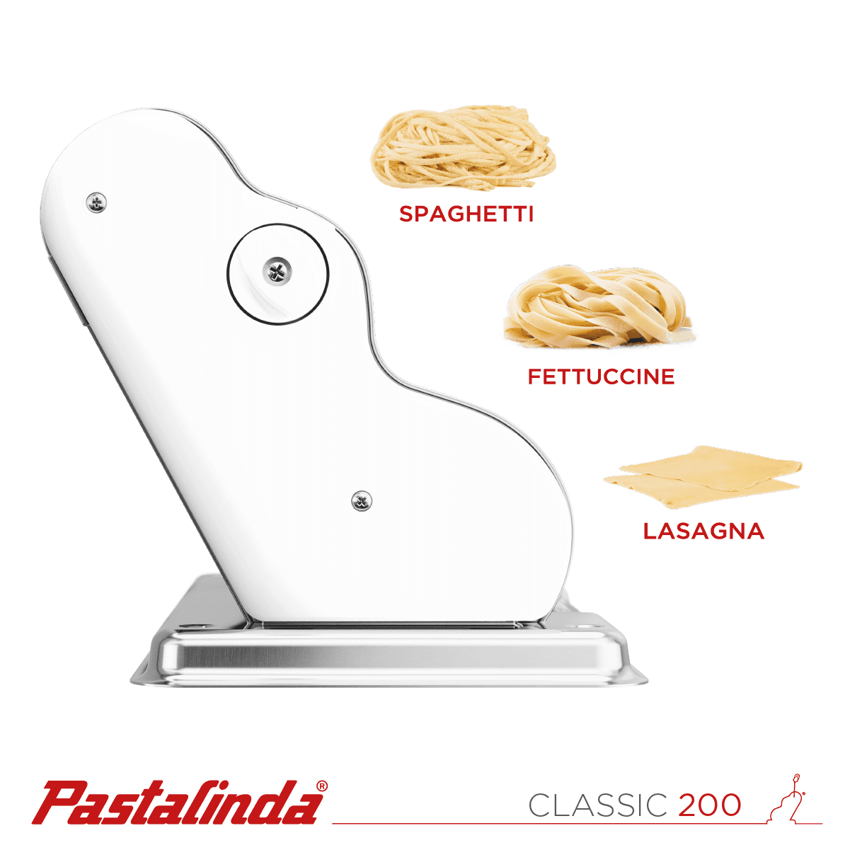 Pastalinda Classic 200 White Pasta Maker Machine With Hand Crank And Two Clamps - Pastalinda