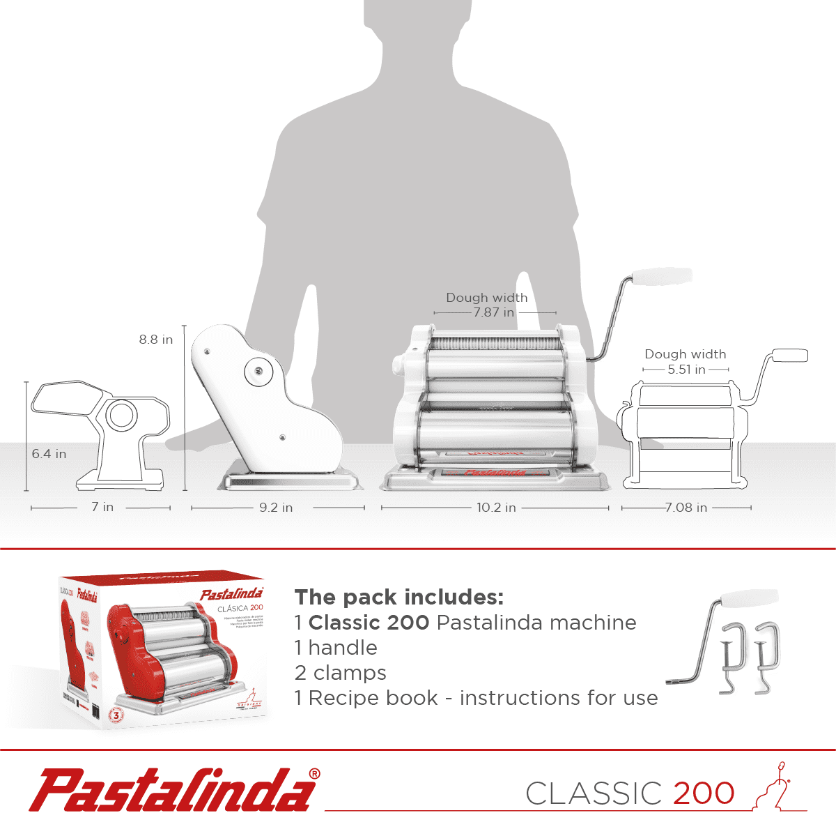 Pastalinda Classic 200 White Pasta Maker Machine With Hand Crank And Two Clamps - Pastalinda