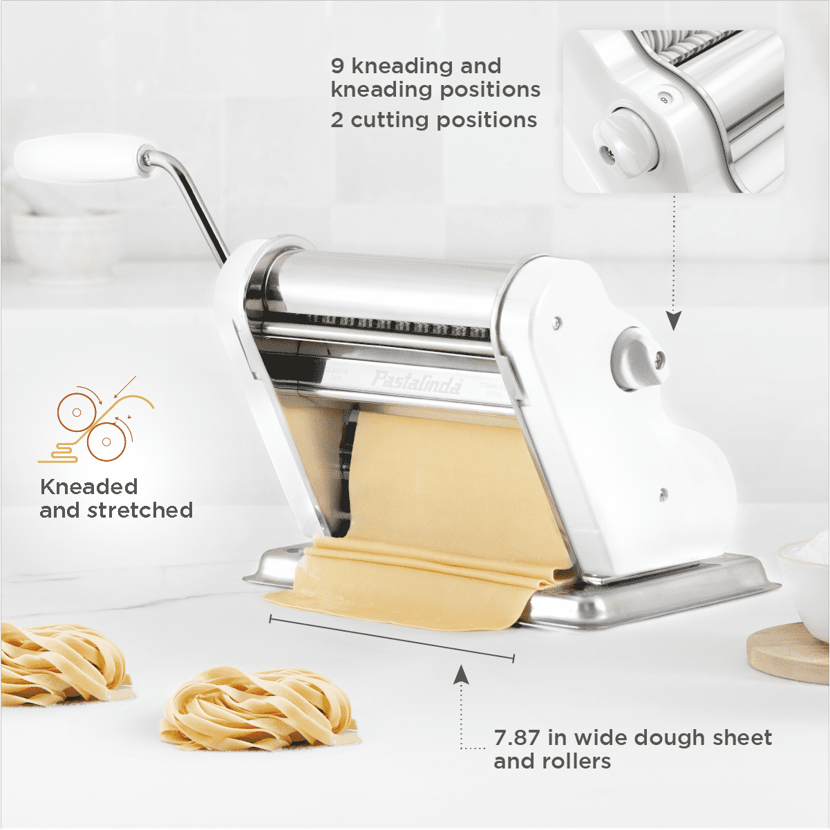 Pastalinda Classic 200 White Pasta Maker Machine With Hand Crank And Two Clamps - Pastalinda