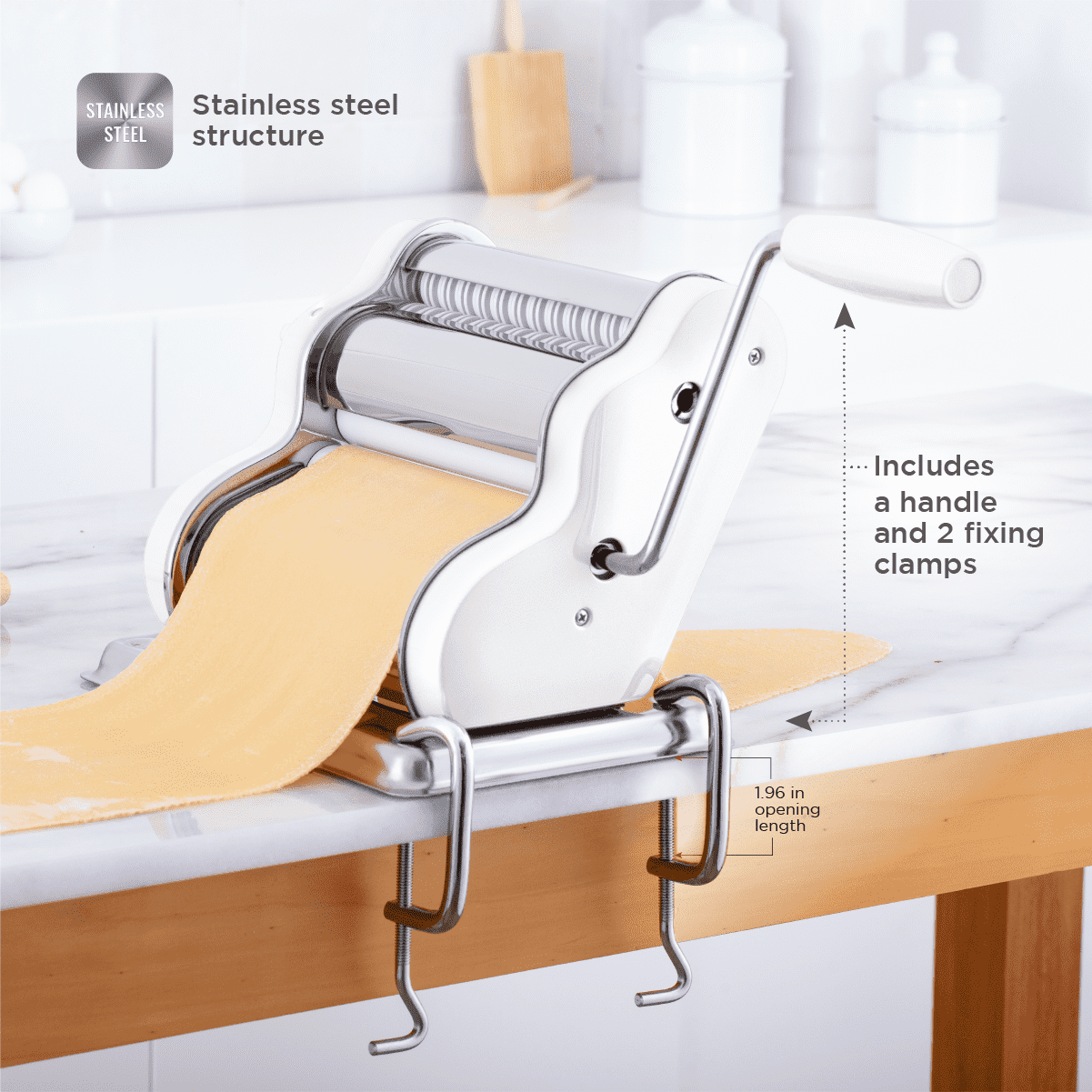 Pastalinda Classic 200 White Pasta Maker Machine With Hand Crank And Two Clamps - Pastalinda