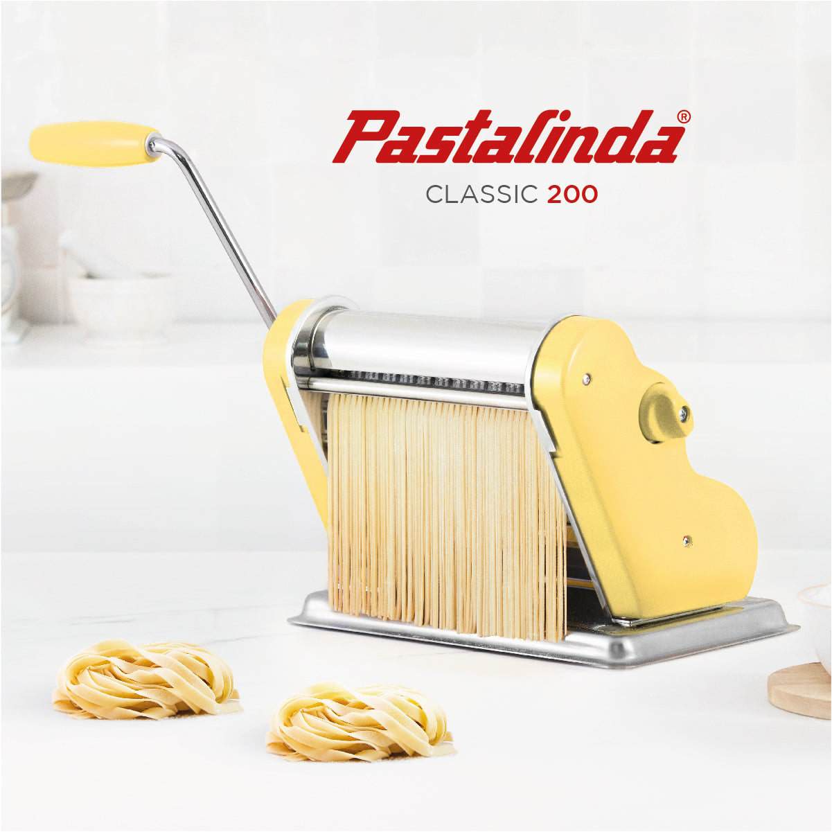 Pastalinda Classic 200 Yellow Pasta Maker Machine With Hand Crank And Two Clamps - Pastalinda