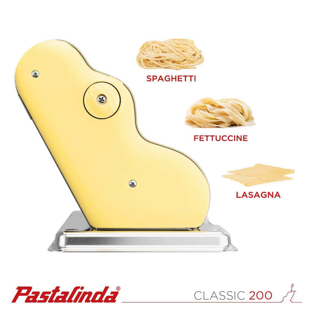 Pastalinda Classic 200 Yellow Pasta Maker Machine With Hand Crank And Two Clamps - Pastalinda