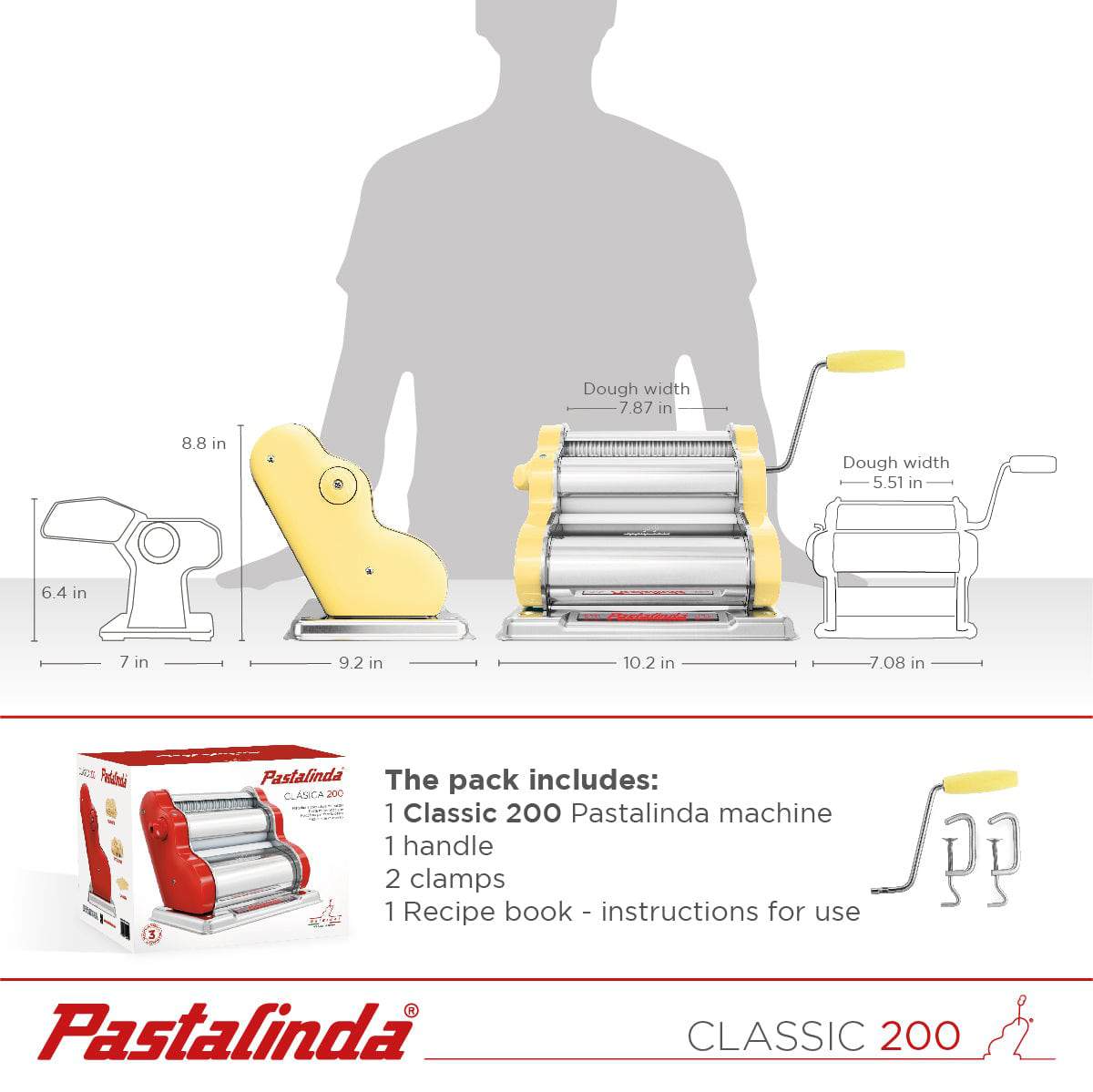 Pastalinda Classic 200 Yellow Pasta Maker Machine With Hand Crank And Two Clamps - Pastalinda